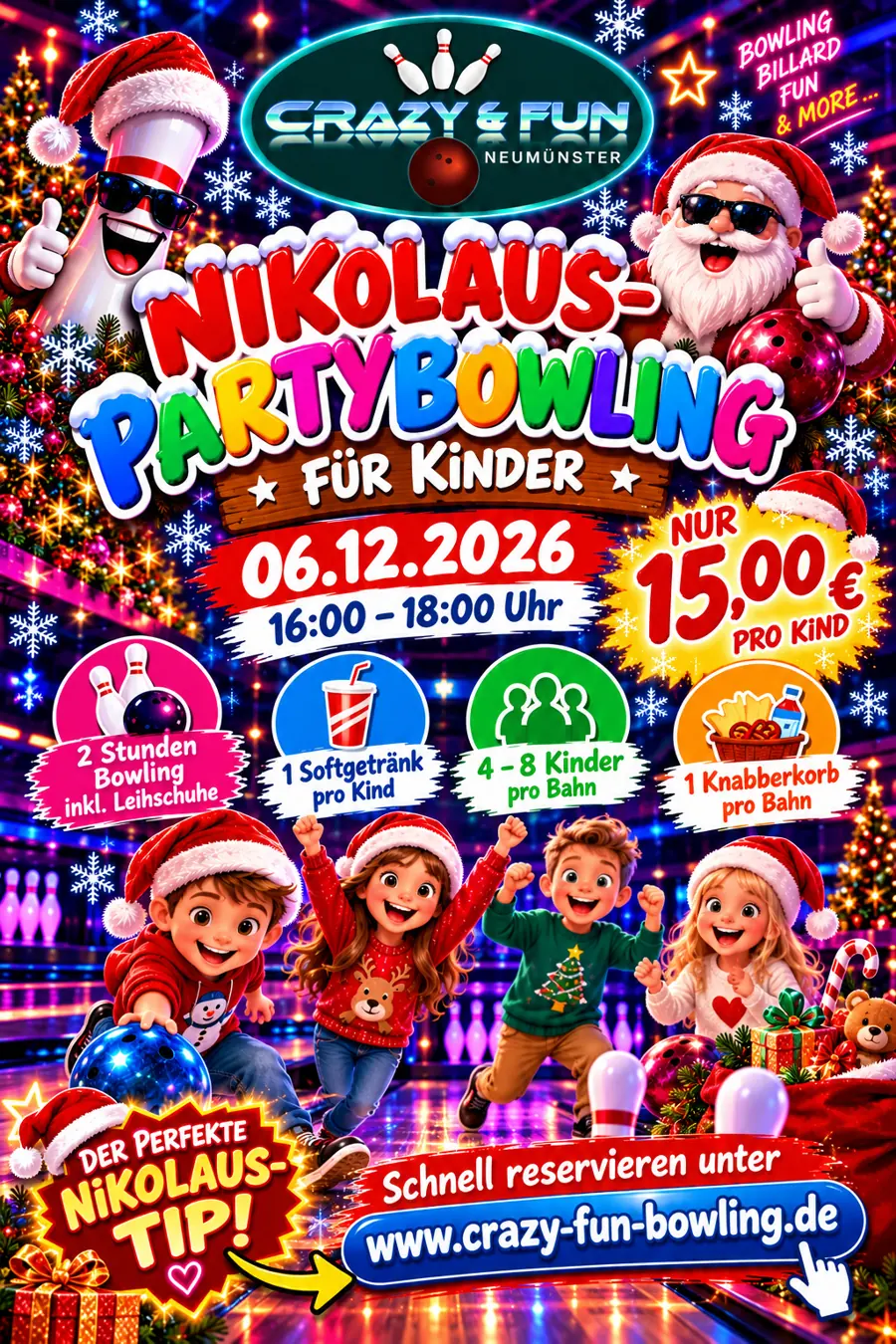 Nikolaus-Partybowling für Kinder am 6. Dezember 2026 von 16 bis 18 Uhr, 15 Euro pro Kind