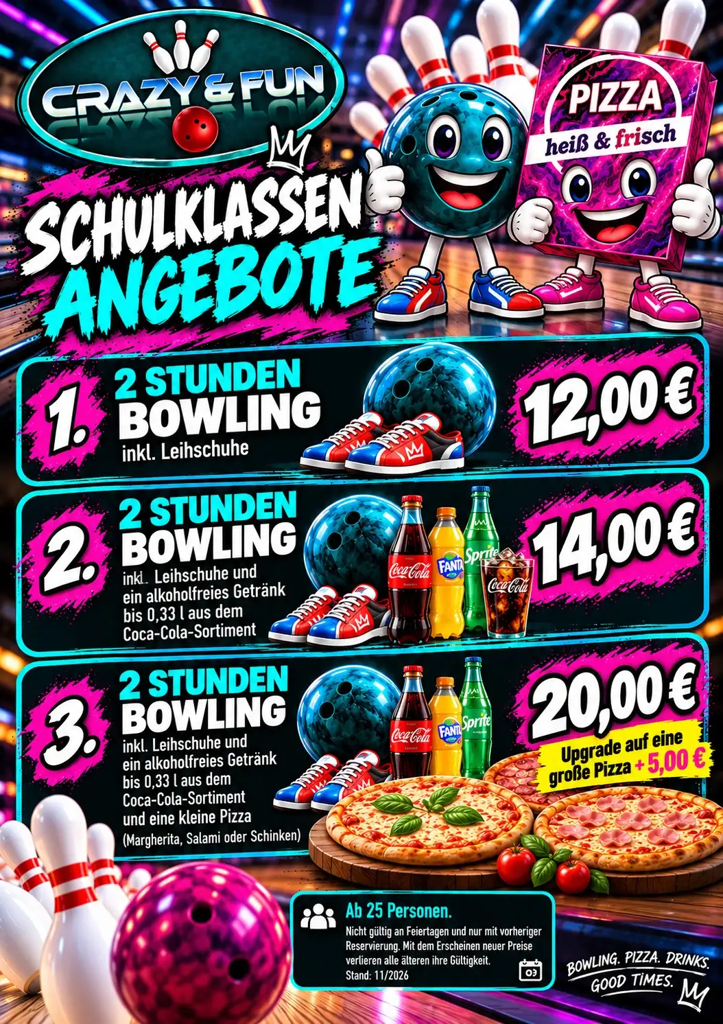 Neue Schulklassen-Angebote ab November 2026: 2 Stunden Bowling ab 12 Euro pro Person, wahlweise mit Getränk und Pizza
