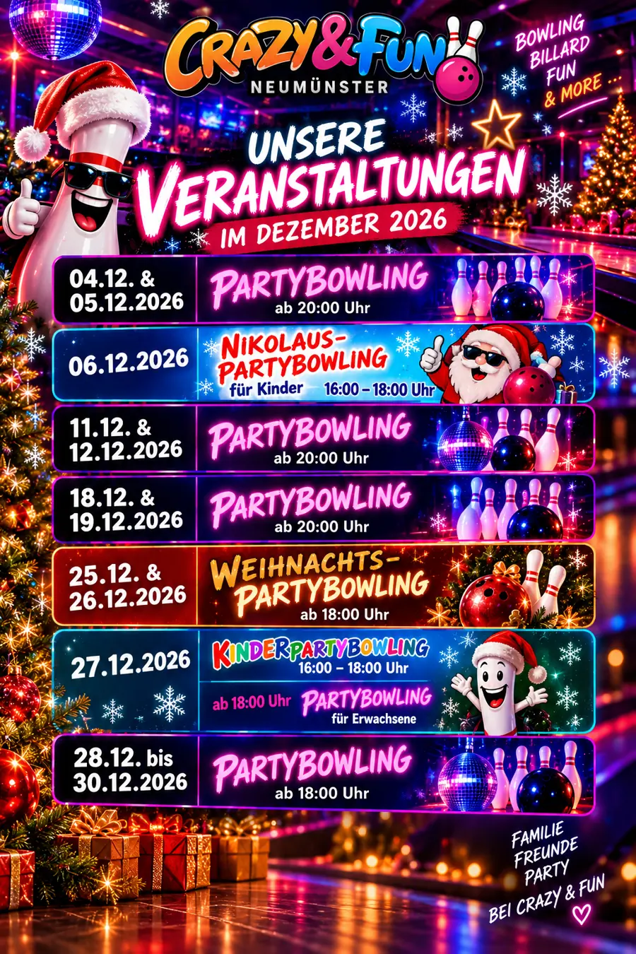 Veranstaltungskalender Dezember 2026: Partybowling, Nikolaus-Bowling, Weihnachtspartybowling und Kinderpartybowling